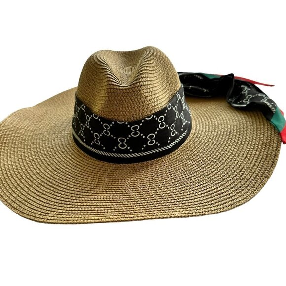 Odiva Summer Hat Khaki Stripe Pattern Band Straw Sun Hat - Picture 11 of 16